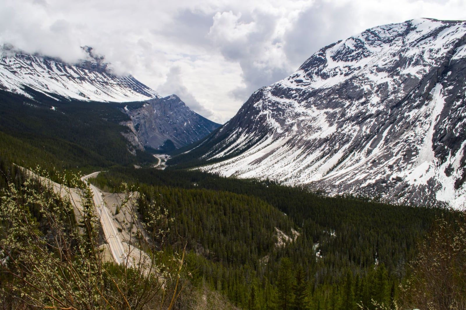 The Icefields Parkway winds through an evergreen valley between snow-dusted mountain peaks near the Columbia Icefield.